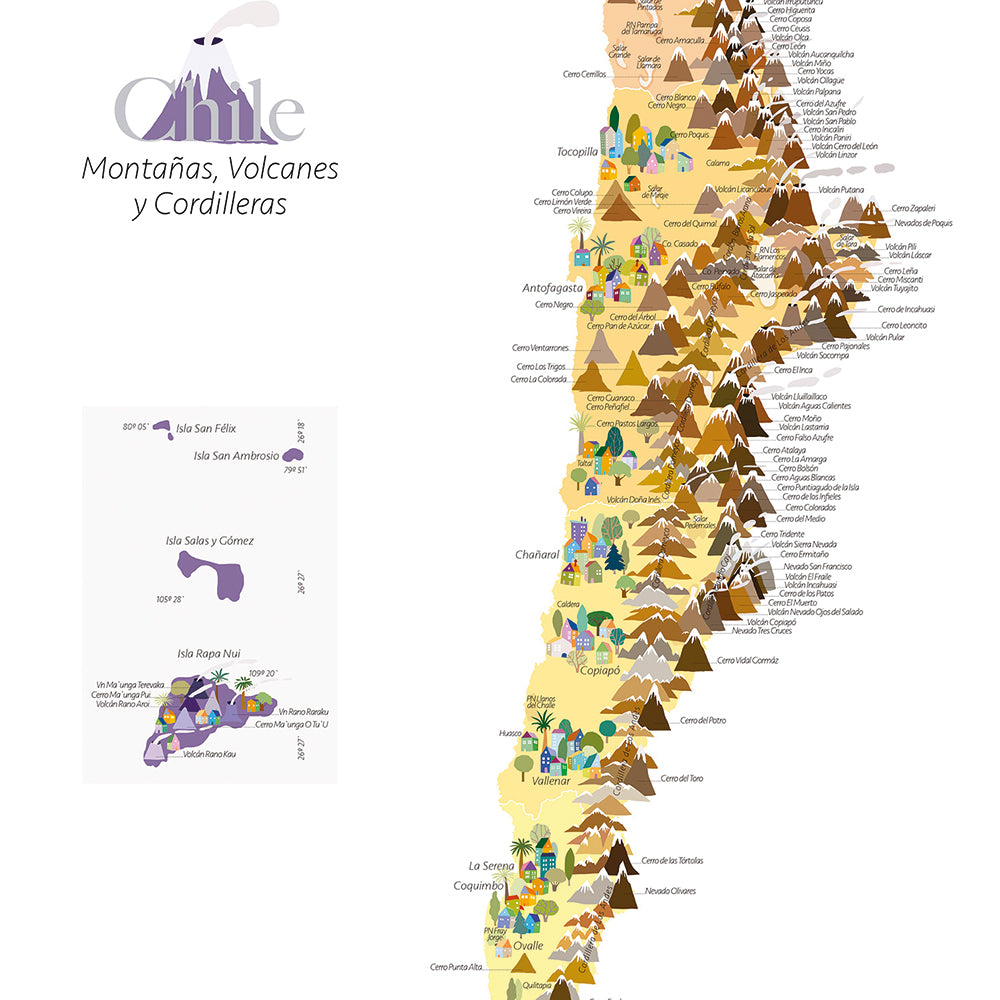 Lámina Decorativa Mapa de Montañas Volcanes y Cordilleras de Chile