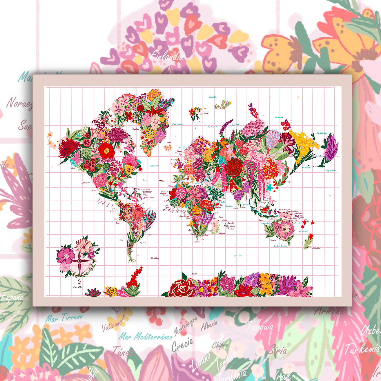 Lámina Decorativa Mapa Mundi de Flores